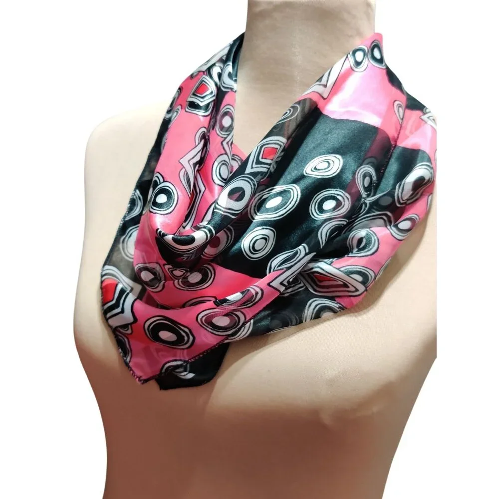 Womens Scarf Pink Black Geometric Print Lightweight Sheer Square Mod Retro Chic